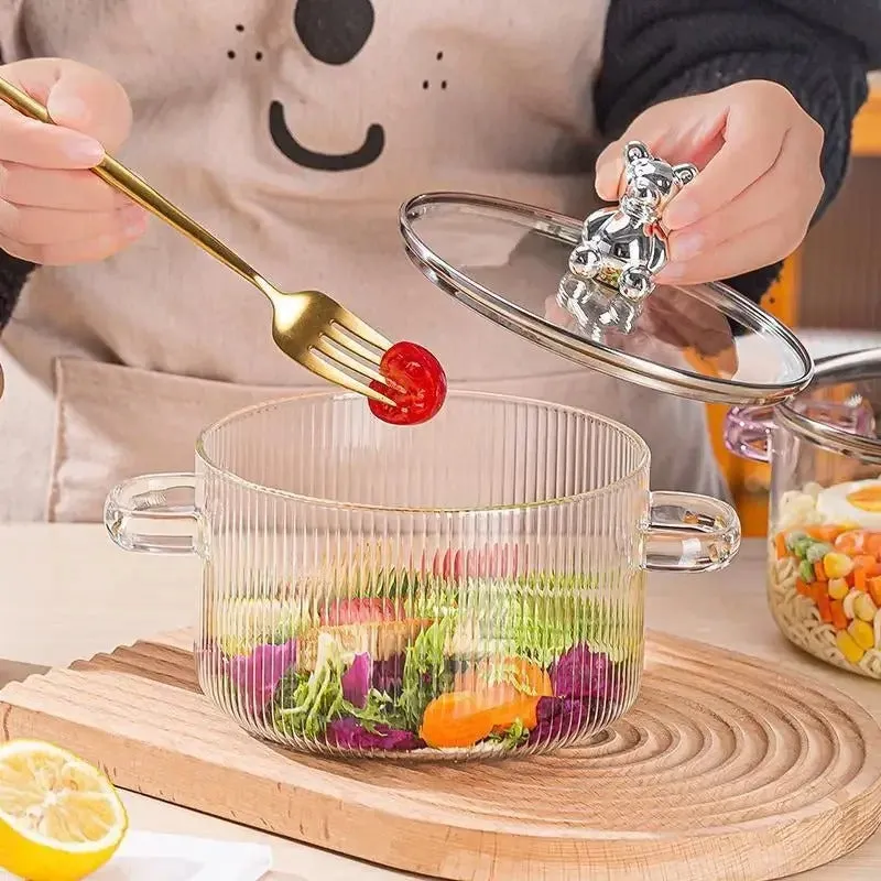 Stove-Top Safe Glass Cooking Pot with Bear Lid (1.5L)