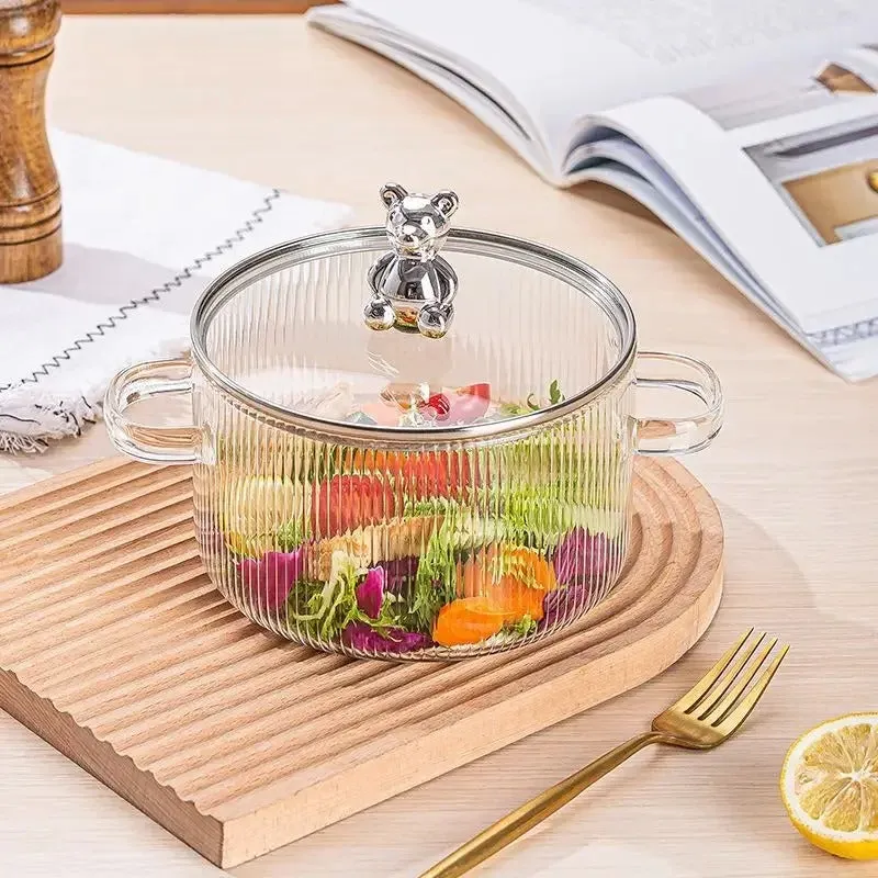 Stove-Top Safe Glass Cooking Pot with Bear Lid (1.5L)