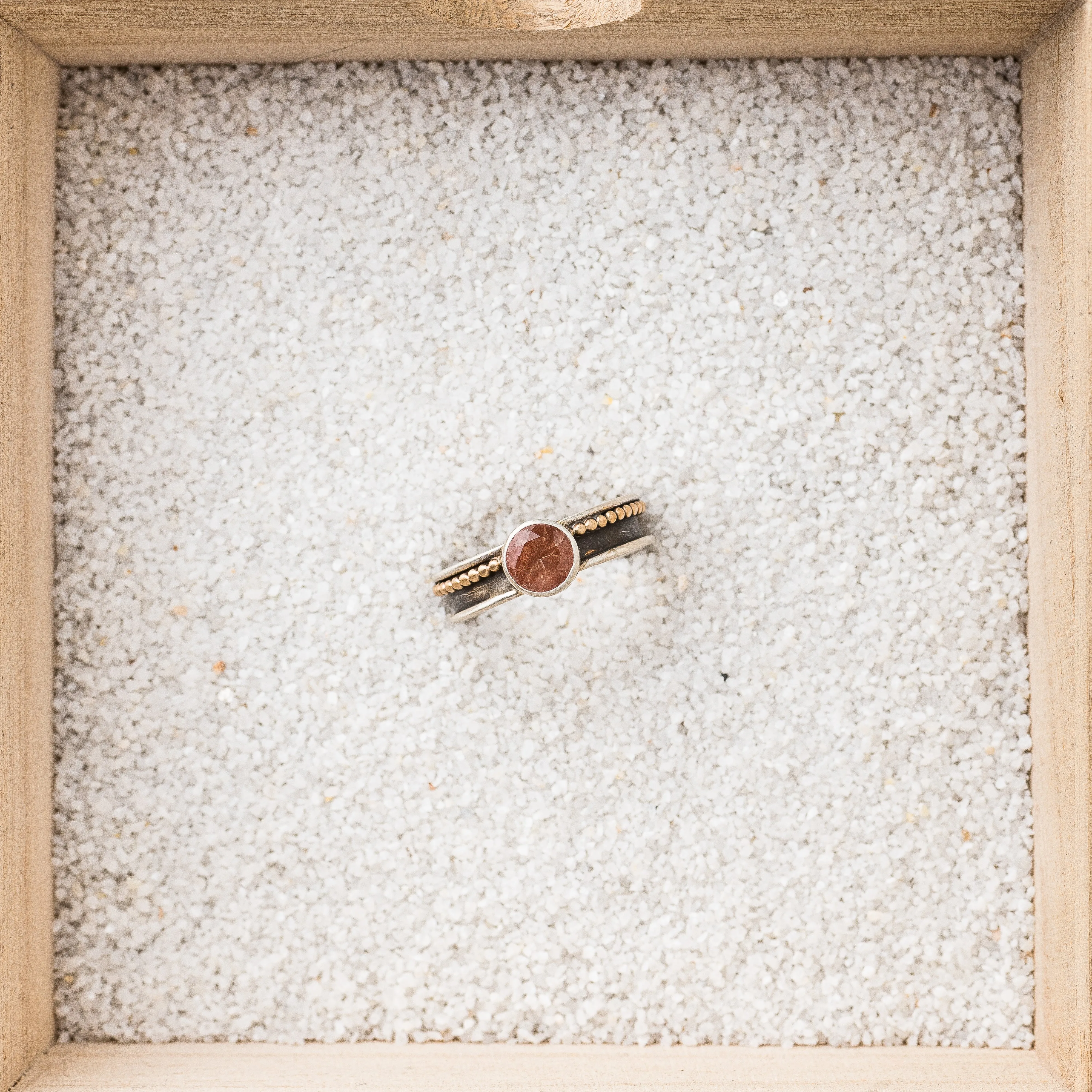 Sunstone Ring with 14k Gold Ball Chain on Channel Band