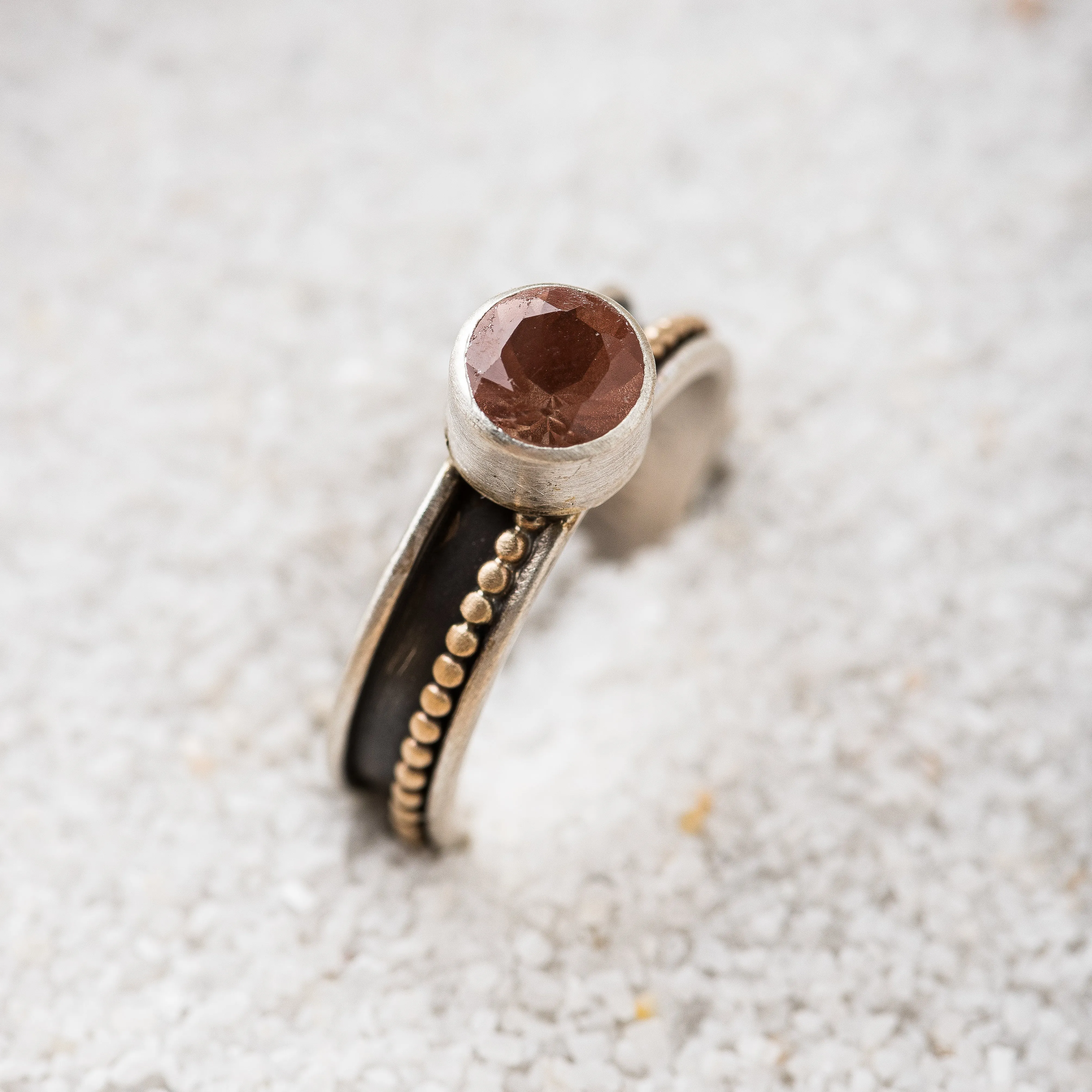 Sunstone Ring with 14k Gold Ball Chain on Channel Band
