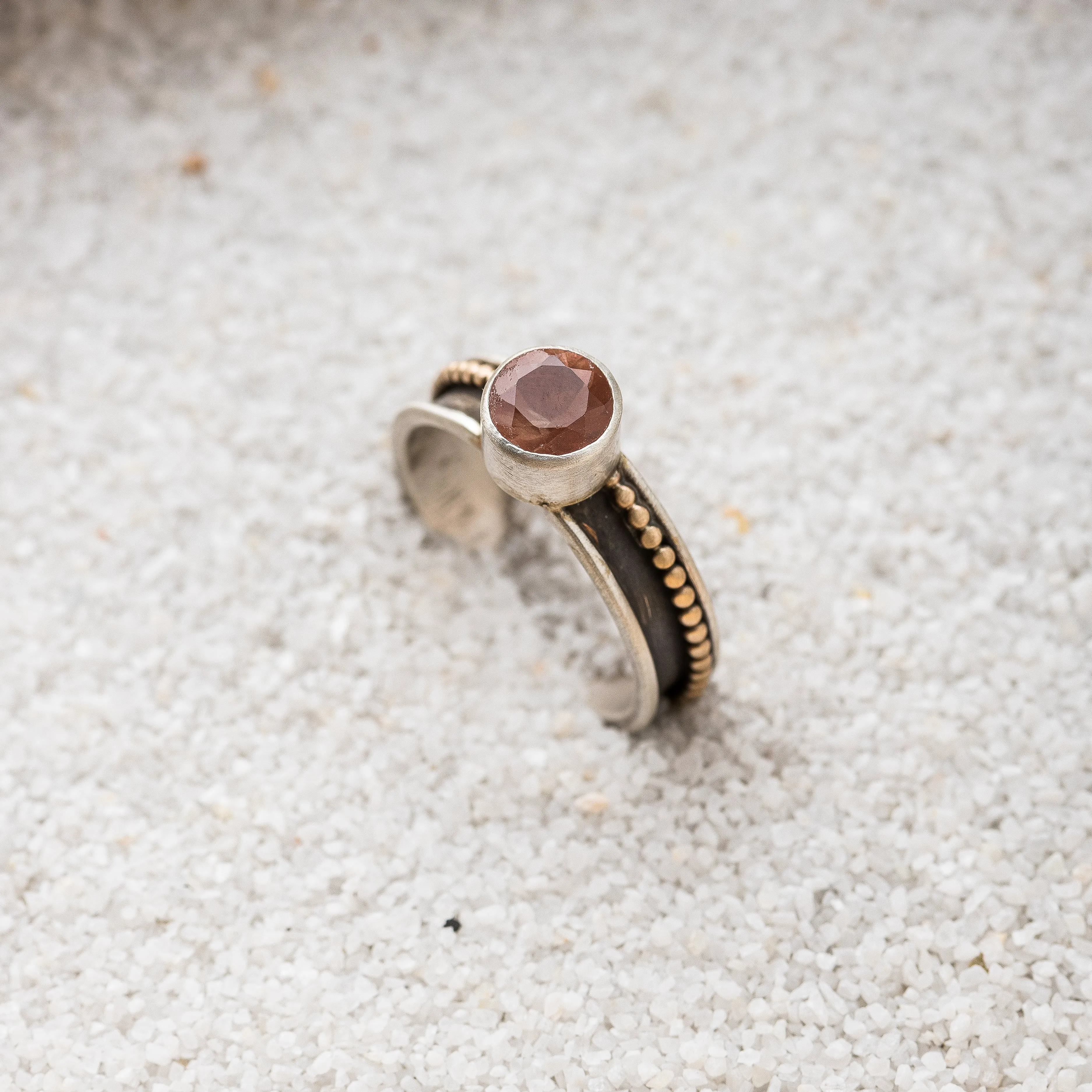 Sunstone Ring with 14k Gold Ball Chain on Channel Band