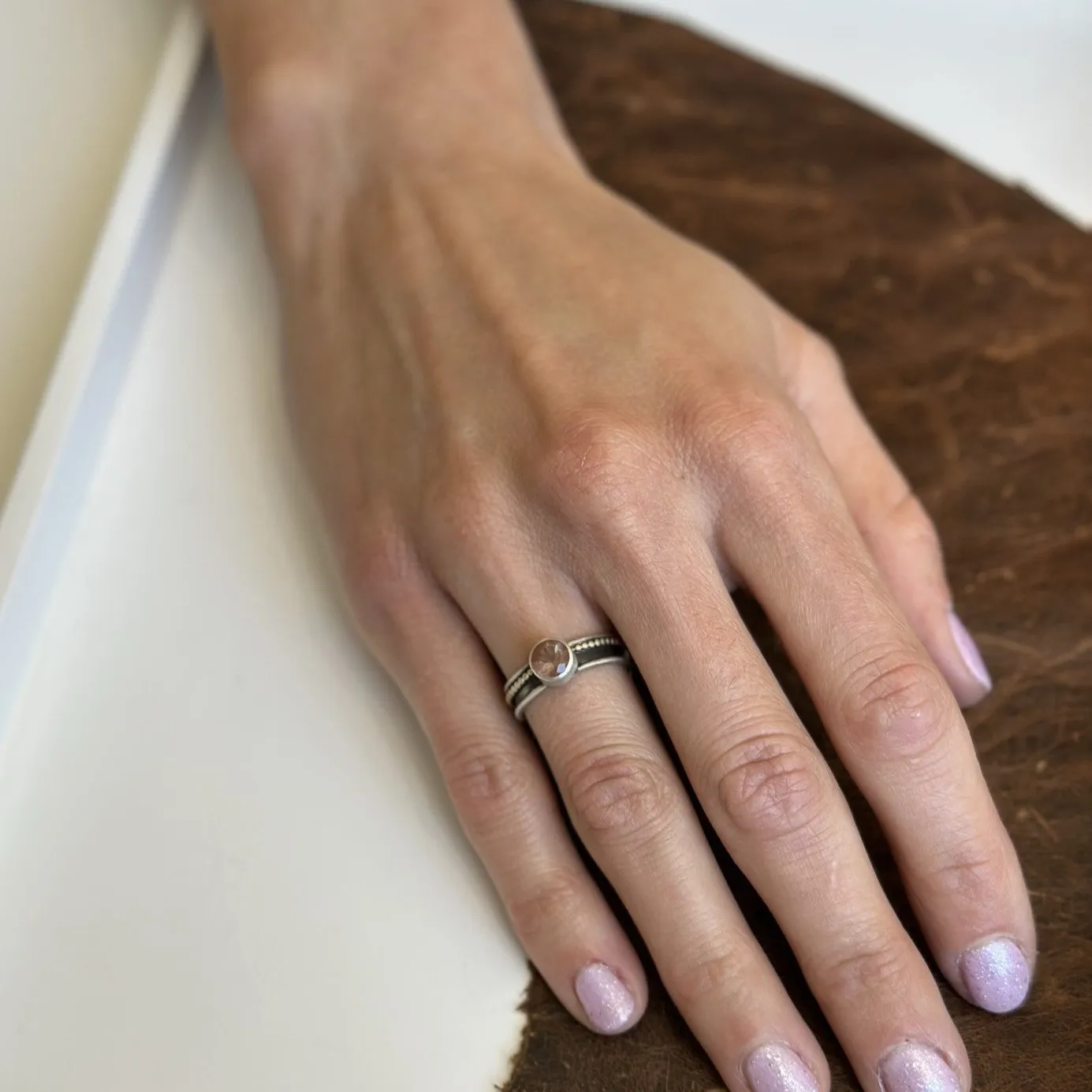 Sunstone Ring with 14k Gold Ball Chain on Channel Band