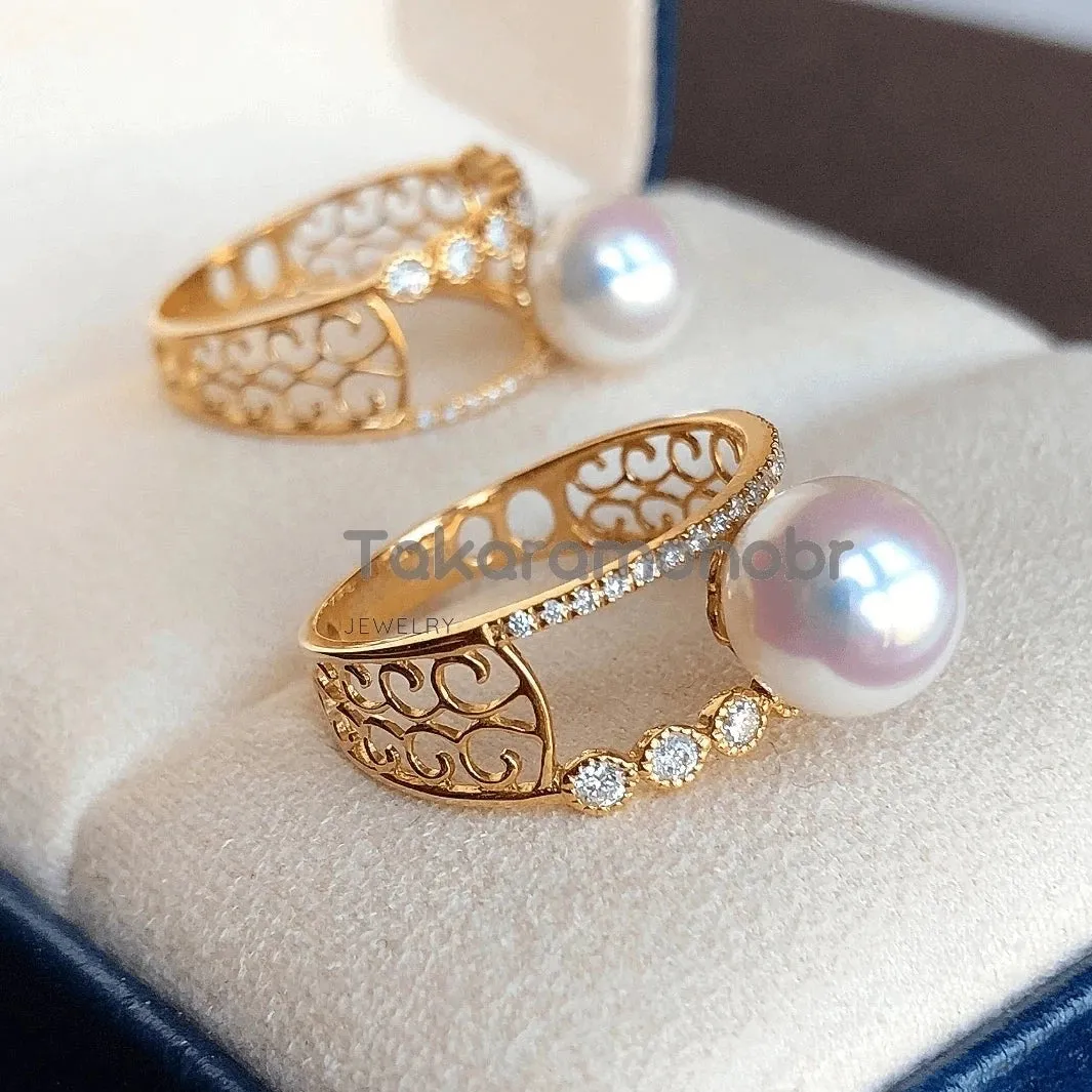 Symmetry 8.0-8.5 mm Japanese Akoya Pearl & Diamond Ring