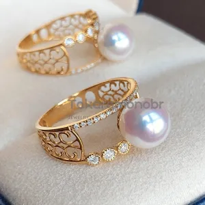 Symmetry 8.0-8.5 mm Japanese Akoya Pearl & Diamond Ring