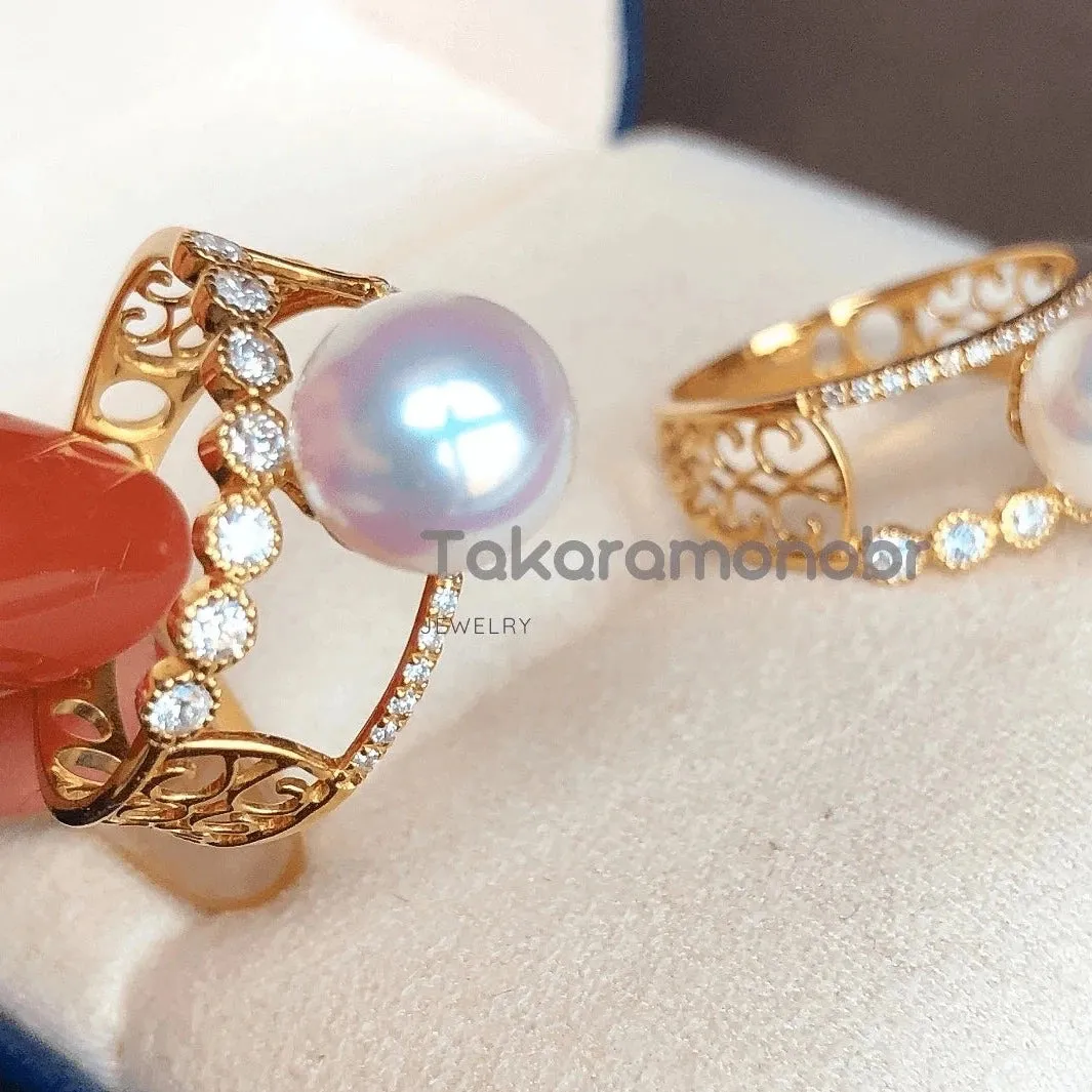 Symmetry 8.0-8.5 mm Japanese Akoya Pearl & Diamond Ring