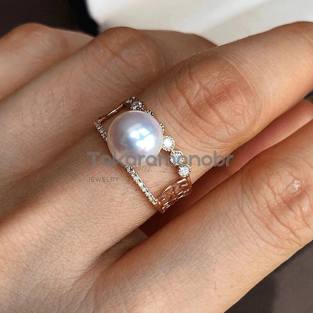 Symmetry 8.0-8.5 mm Japanese Akoya Pearl & Diamond Ring