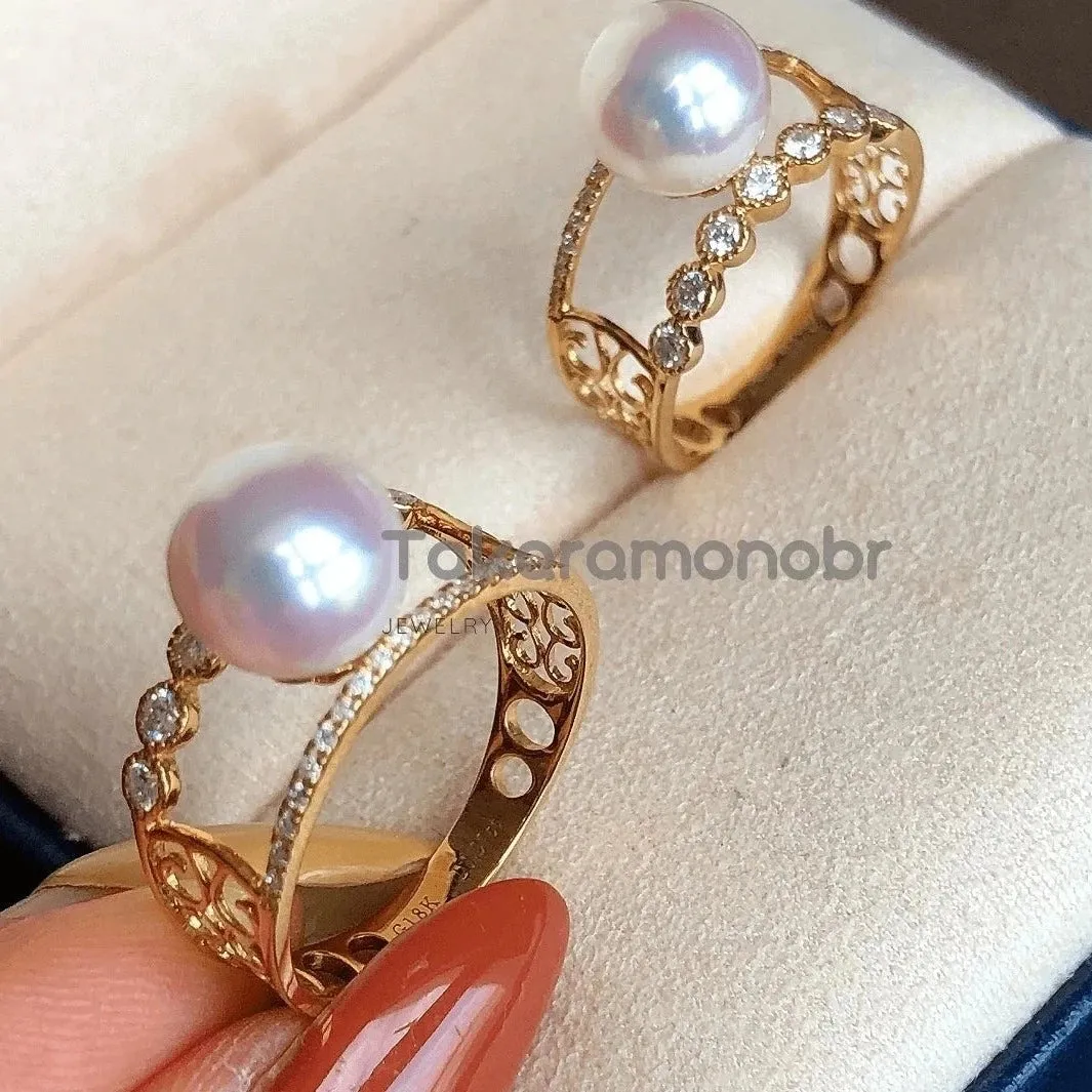 Symmetry 8.0-8.5 mm Japanese Akoya Pearl & Diamond Ring