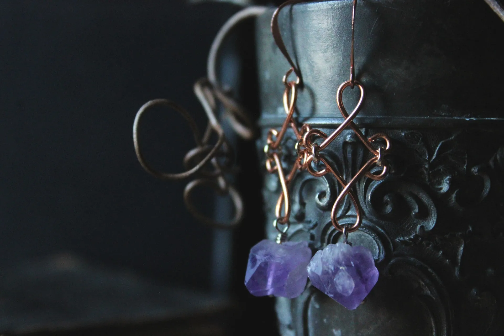 Tauriel |  Amethyst. Copper Gemstone Drop Earrings.