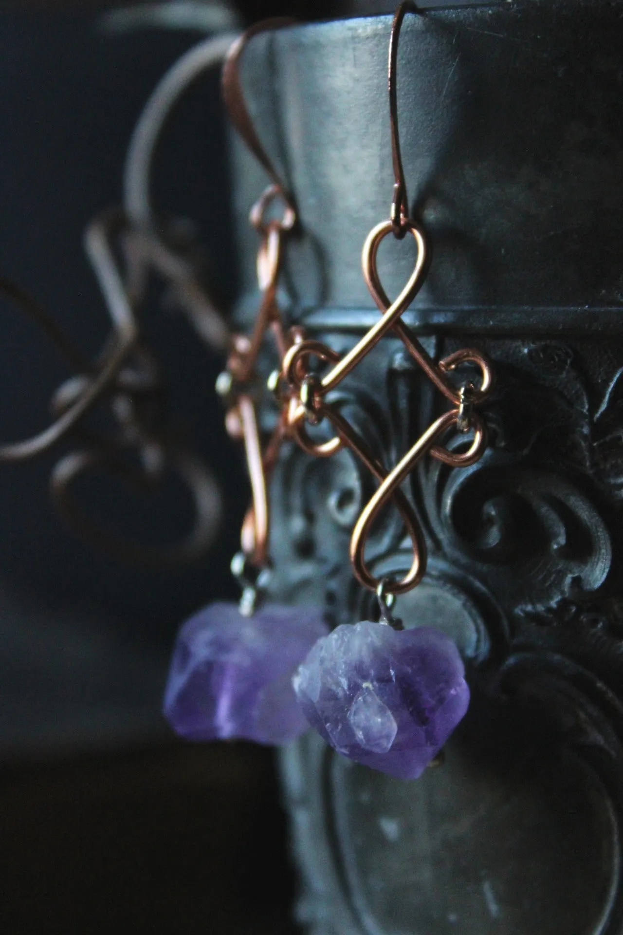 Tauriel |  Amethyst. Copper Gemstone Drop Earrings.