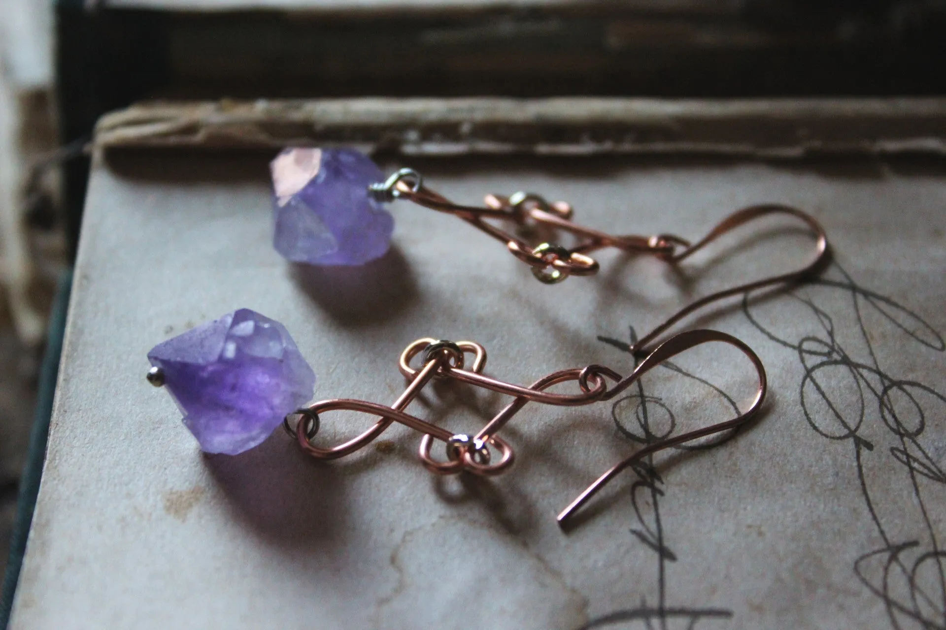 Tauriel |  Amethyst. Copper Gemstone Drop Earrings.