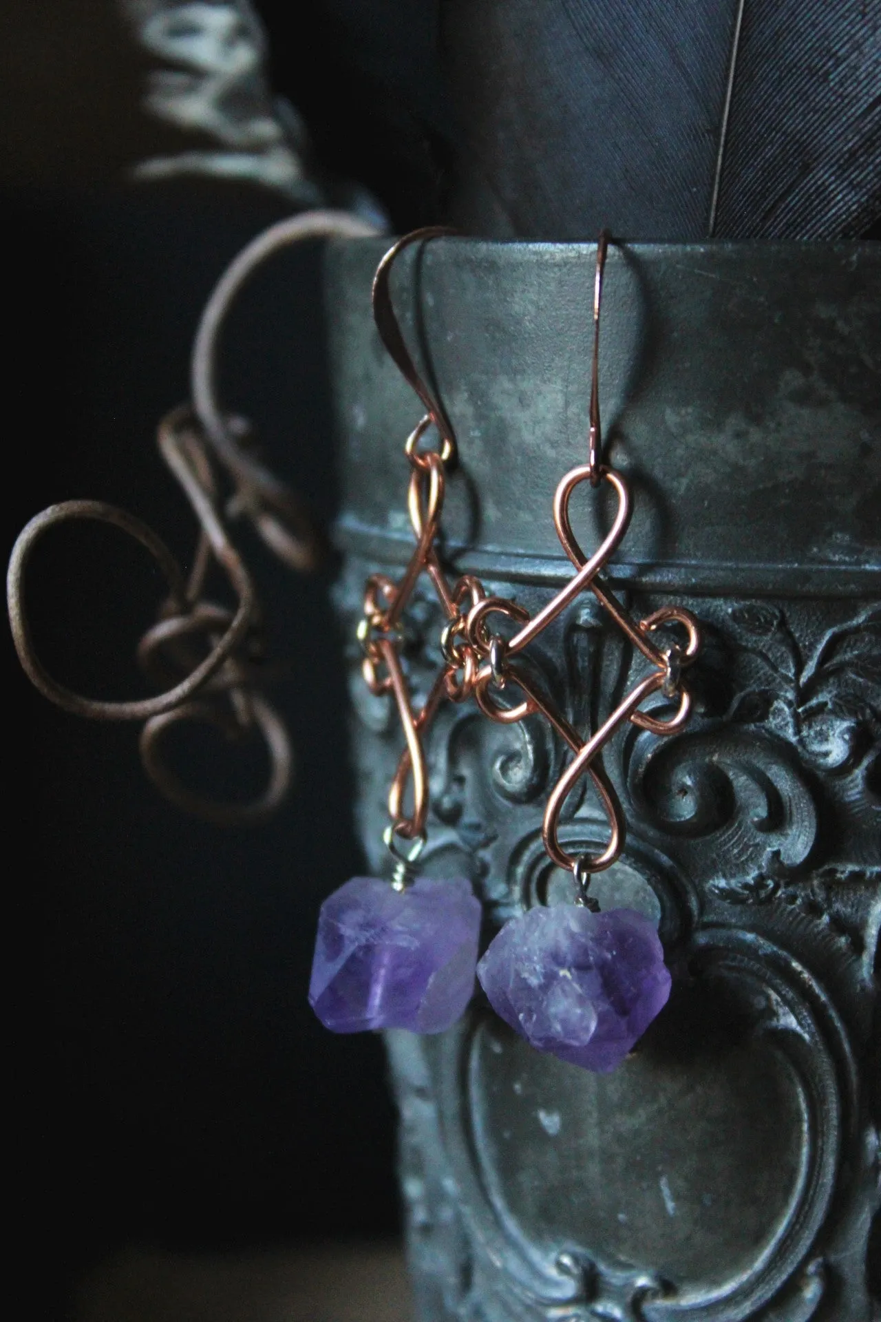 Tauriel |  Amethyst. Copper Gemstone Drop Earrings.