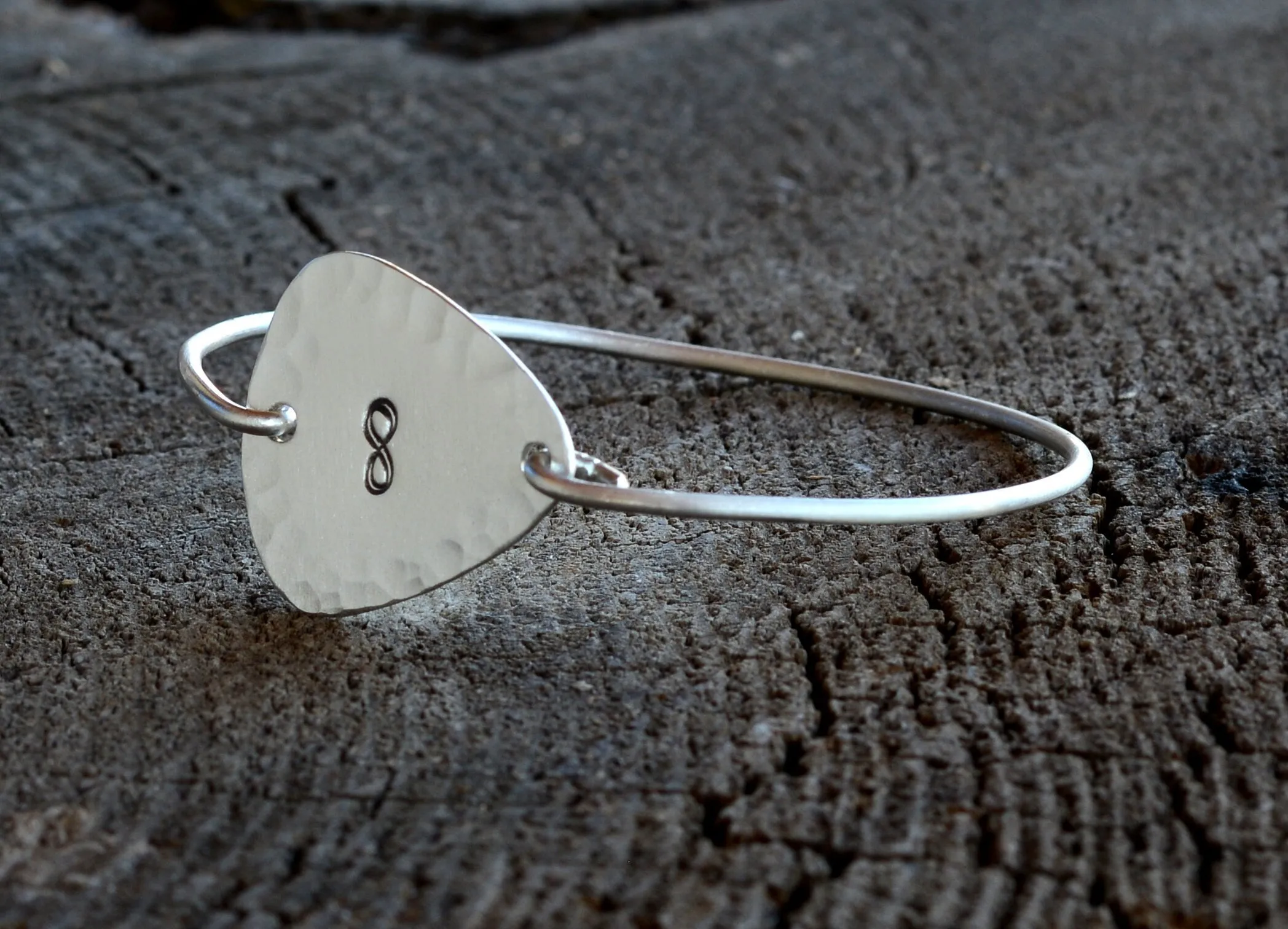 Tension Style Bangle with Hammered Infinity on Sterling Silver Guitar Pick