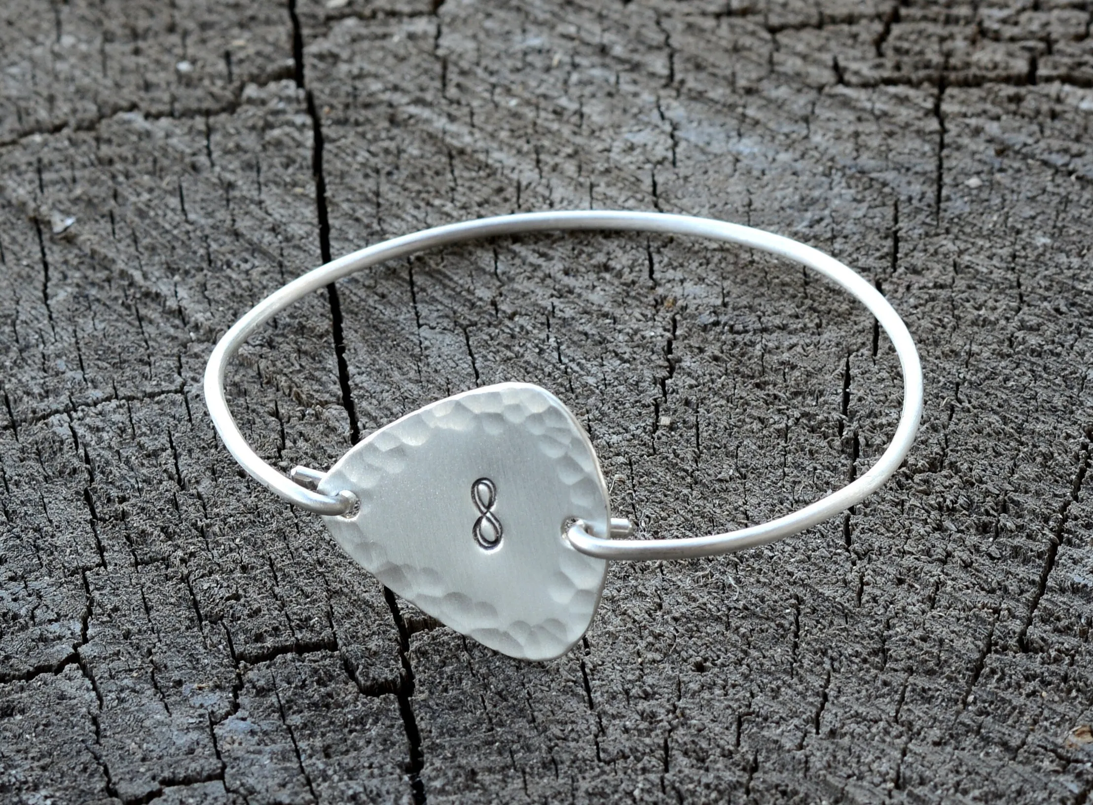 Tension Style Bangle with Hammered Infinity on Sterling Silver Guitar Pick
