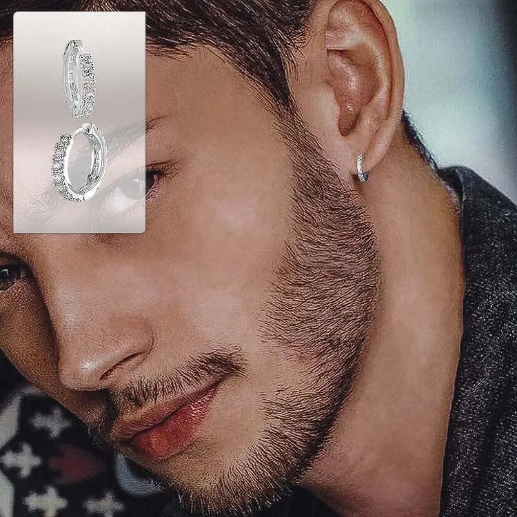 The Magic Circle® - 925 Sterling Silver Diamond Men's Hoop Earrings in White Gold