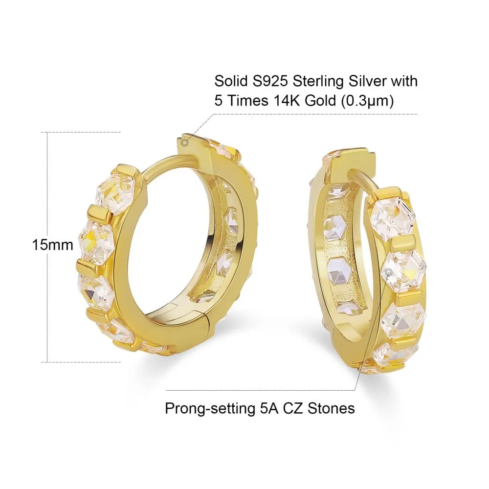 The Sparkling Circle® - 925 Sterling Silver Hexagon Diamond Hoop Earrings in 14K Gold