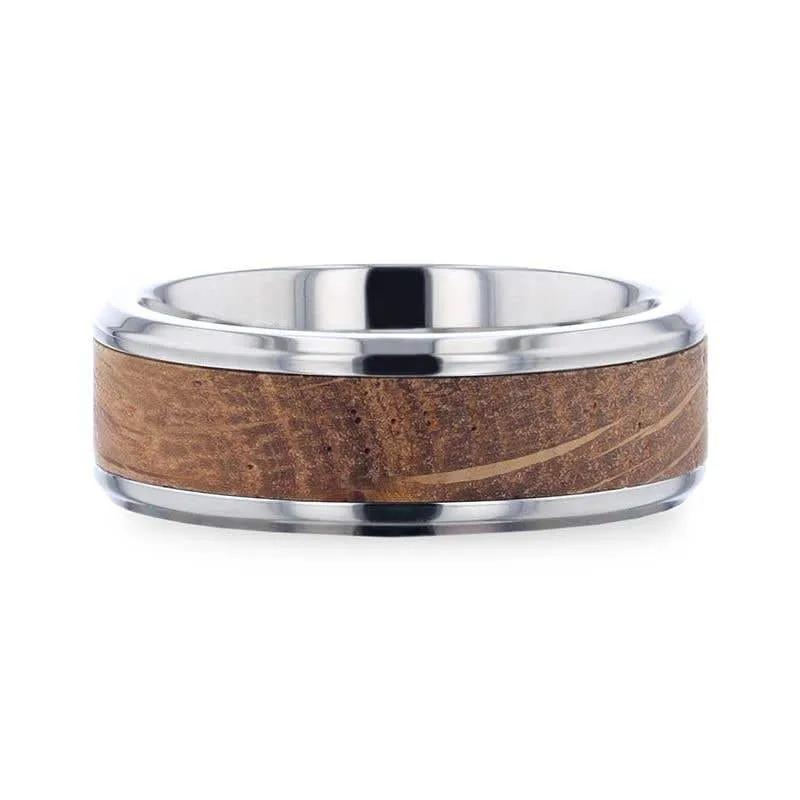 Thorsten CASK Whiskey Barrel Wood Inlaid Titanium Men's Wedding Band With Beveled Polished Edges Made From Genuine Whiskey Barrels - 8mm