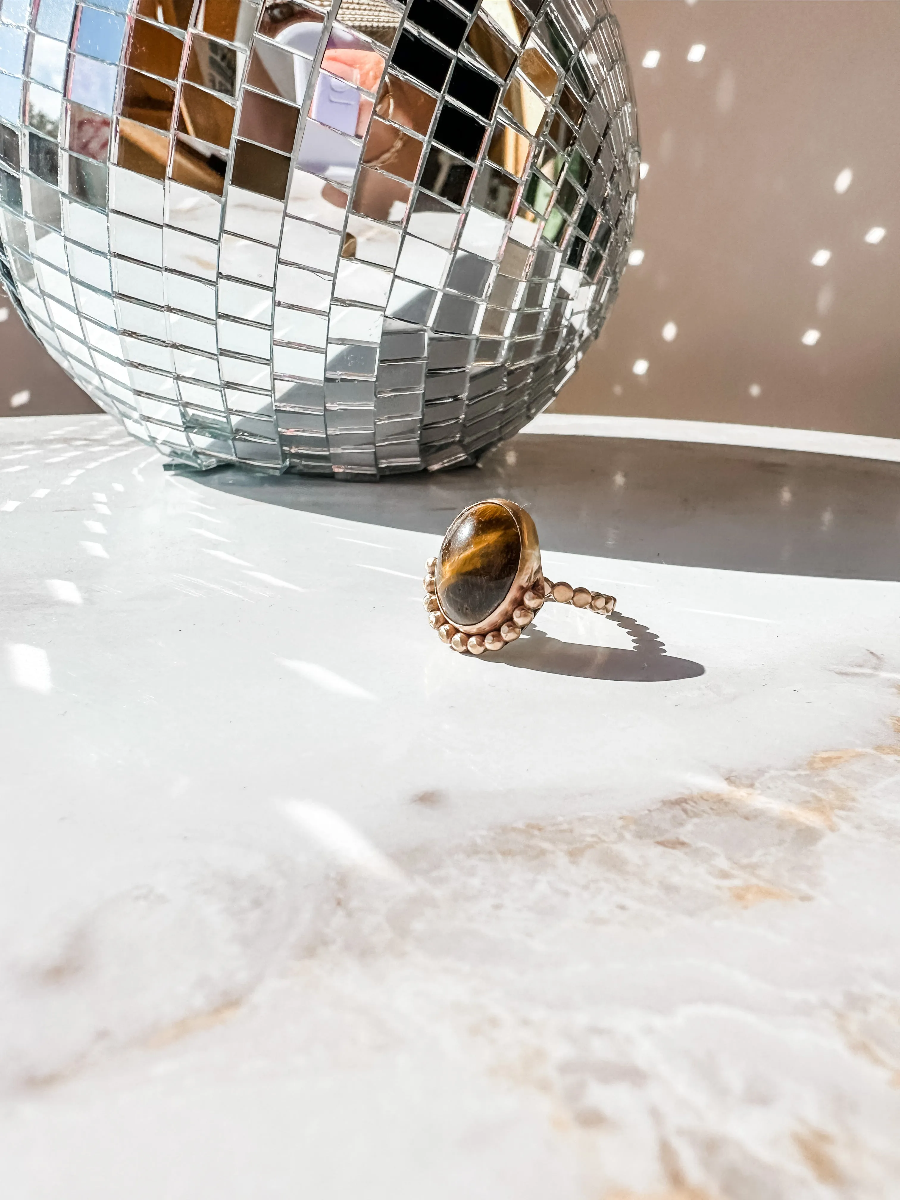 Tiger Eye Gold Bead Statement Ring size 7