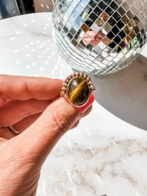 Tiger Eye Gold Bead Statement Ring size 7