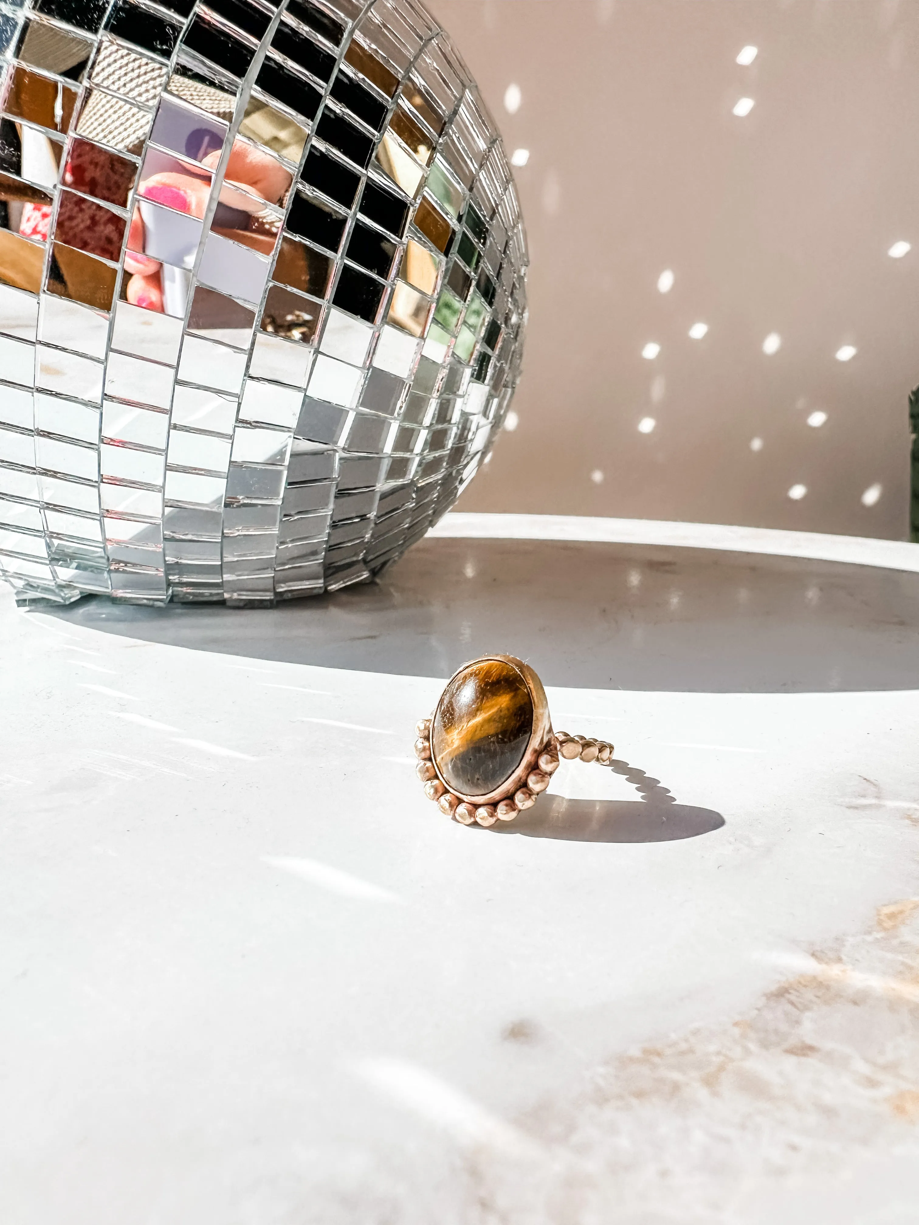 Tiger Eye Gold Bead Statement Ring size 7