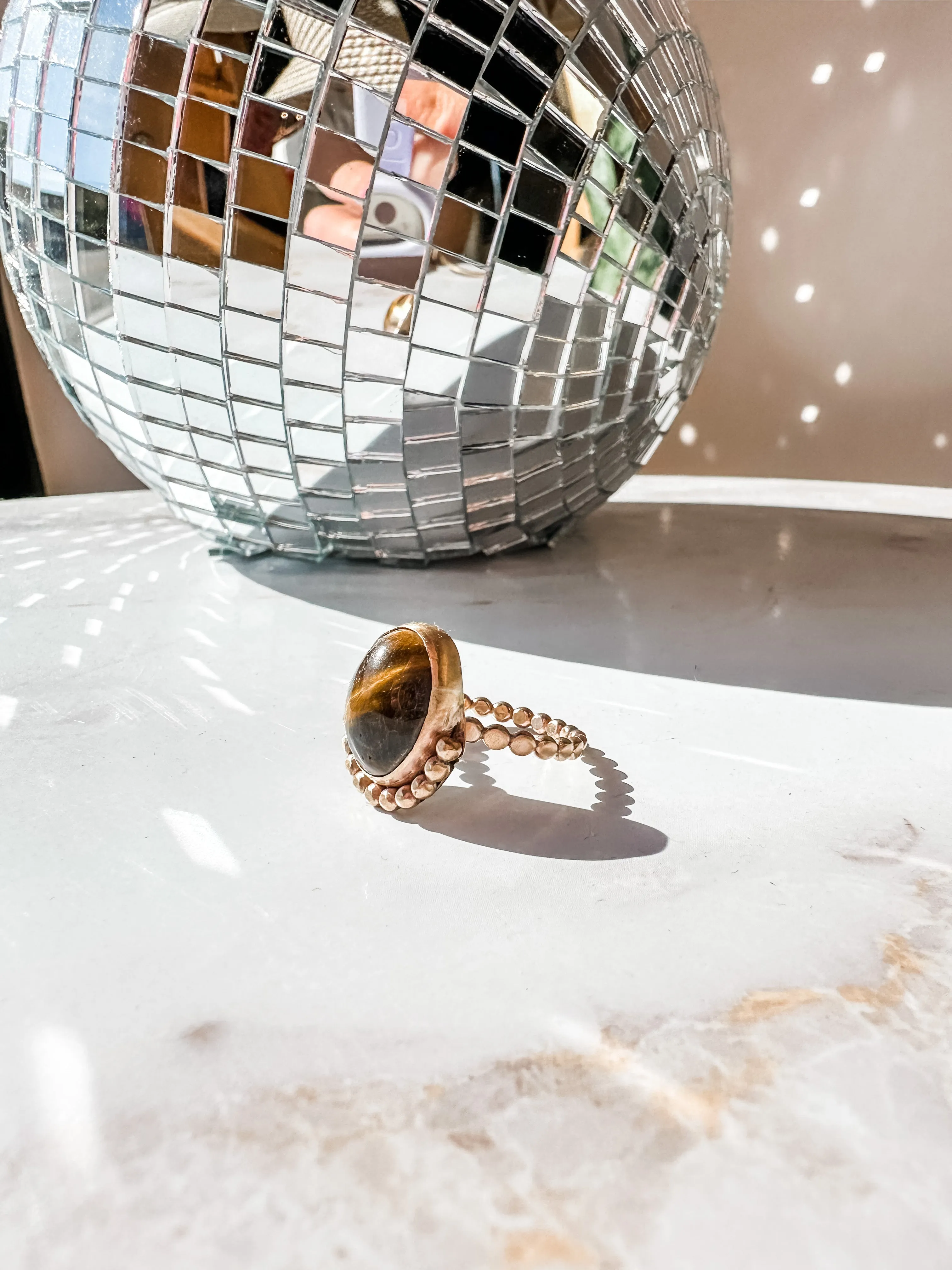 Tiger Eye Gold Bead Statement Ring size 7
