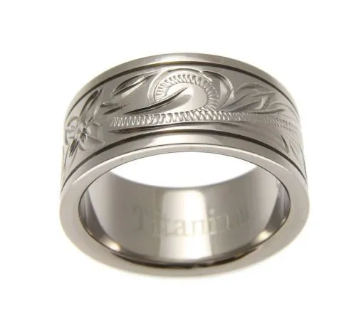 TITANIUM HAND ENGRAVED HAWAIIAN PLUMERIA SCROLL BAND RING SMOOTH EDGE 10MM
