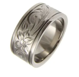 TITANIUM HAND ENGRAVED HAWAIIAN PLUMERIA SCROLL BAND RING SMOOTH EDGE 10MM