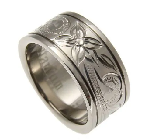 TITANIUM HAND ENGRAVED HAWAIIAN PLUMERIA SCROLL BAND RING SMOOTH EDGE 10MM