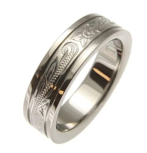 TITANIUM HAND ENGRAVED HAWAIIAN PLUMERIA SCROLL BAND RING SMOOTH EDGE 6MM