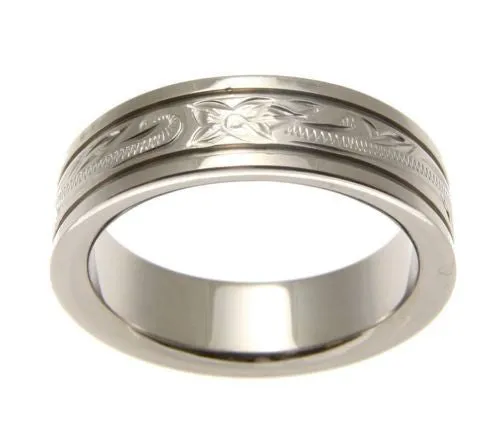 TITANIUM HAND ENGRAVED HAWAIIAN PLUMERIA SCROLL BAND RING SMOOTH EDGE 6MM