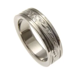 TITANIUM HAND ENGRAVED HAWAIIAN PLUMERIA SCROLL BAND RING SMOOTH EDGE 6MM