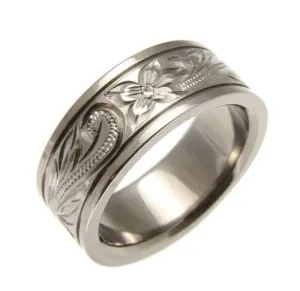 TITANIUM HAND ENGRAVED HAWAIIAN PLUMERIA SCROLL BAND RING SMOOTH EDGE 8MM