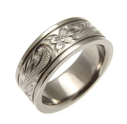 TITANIUM HAND ENGRAVED HAWAIIAN PLUMERIA SCROLL BAND RING SMOOTH EDGE 8MM