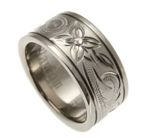 TITANIUM HAND ENGRAVED HAWAIIAN PLUMERIA SCROLL BAND RING SMOOTH EDGE 8MM