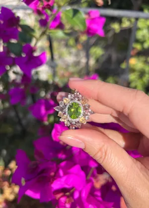 Top-Grade Natural Burmese Peridot Ring with Tourmaline Accents