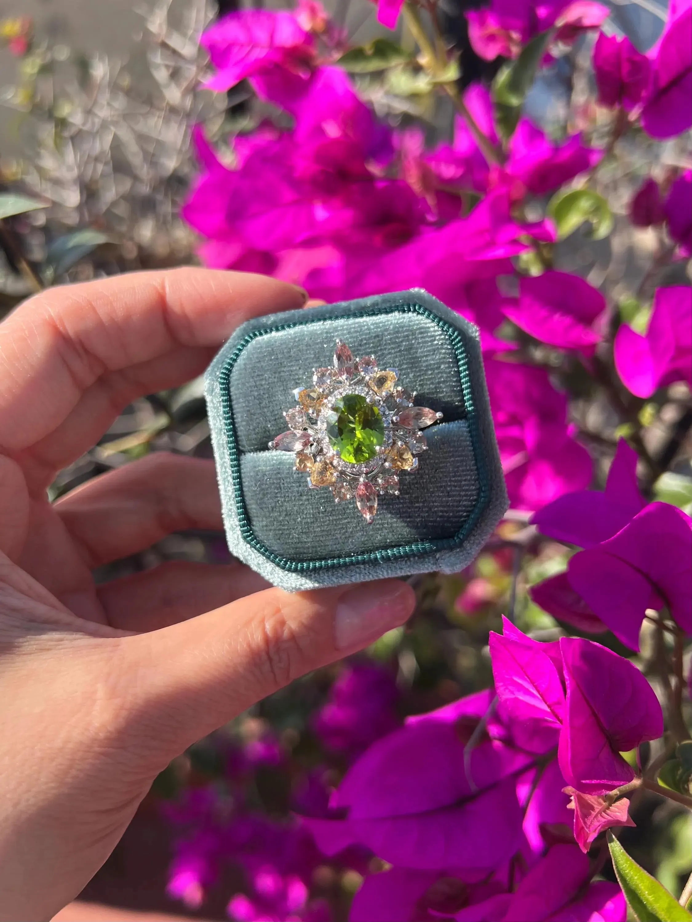Top-Grade Natural Burmese Peridot Ring with Tourmaline Accents