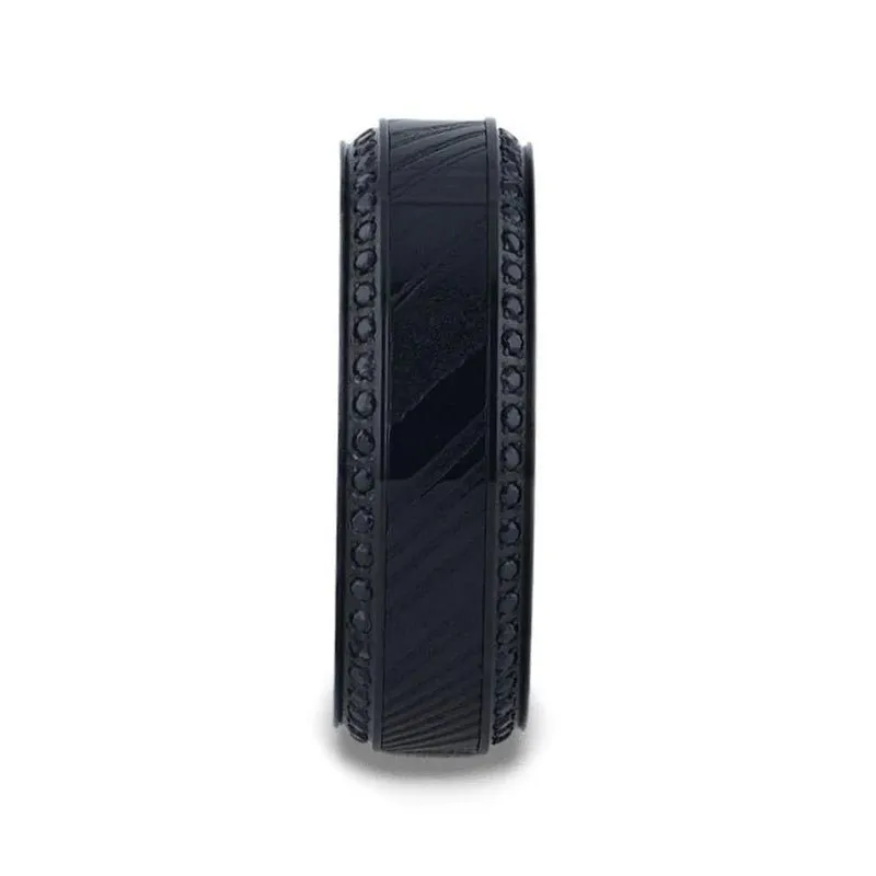 TROPHY | Black Damascus Steel, Titanium Ring, Beveled Edges
