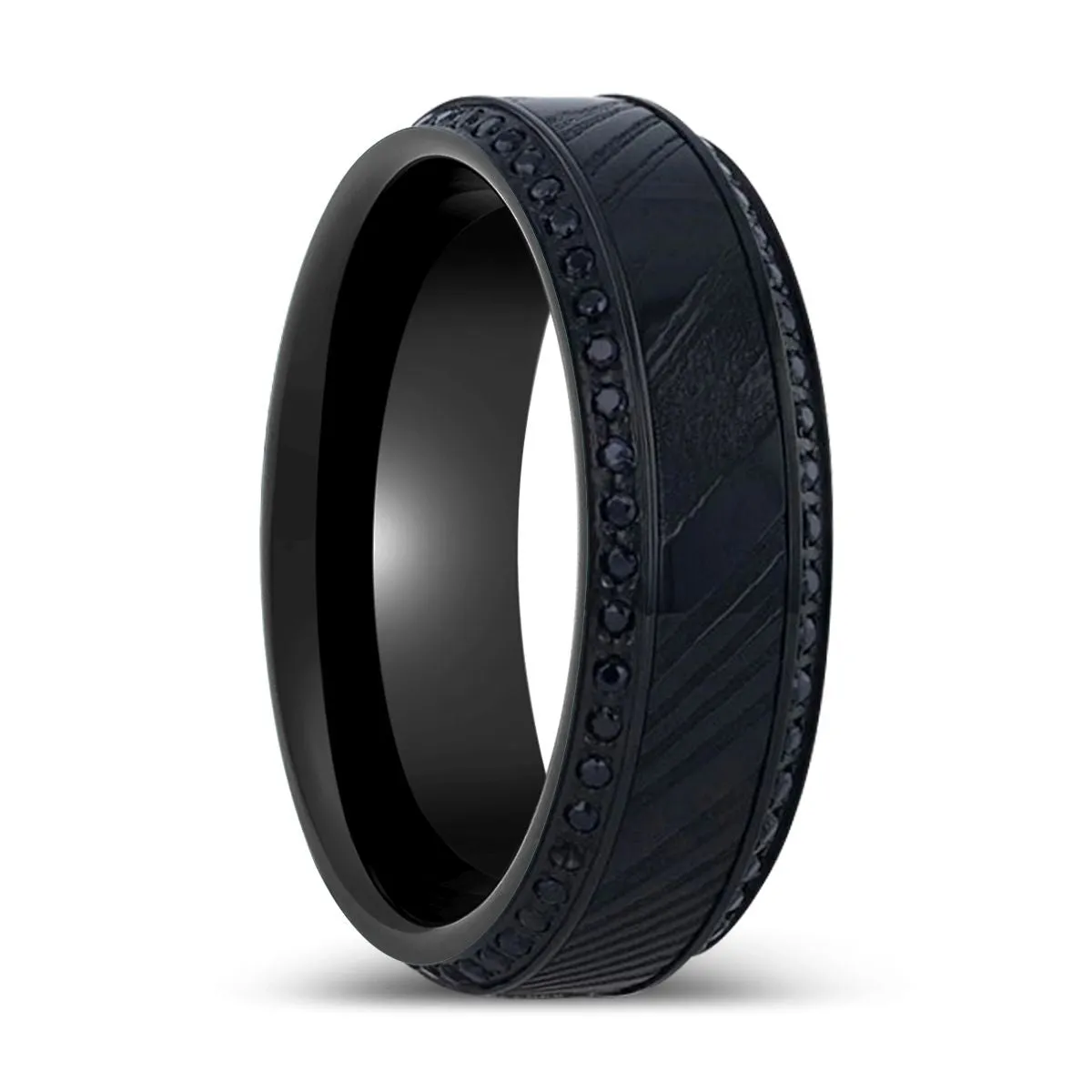 TROPHY | Black Damascus Steel, Titanium Ring, Beveled Edges