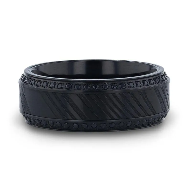 TROPHY | Black Damascus Steel, Titanium Ring, Beveled Edges
