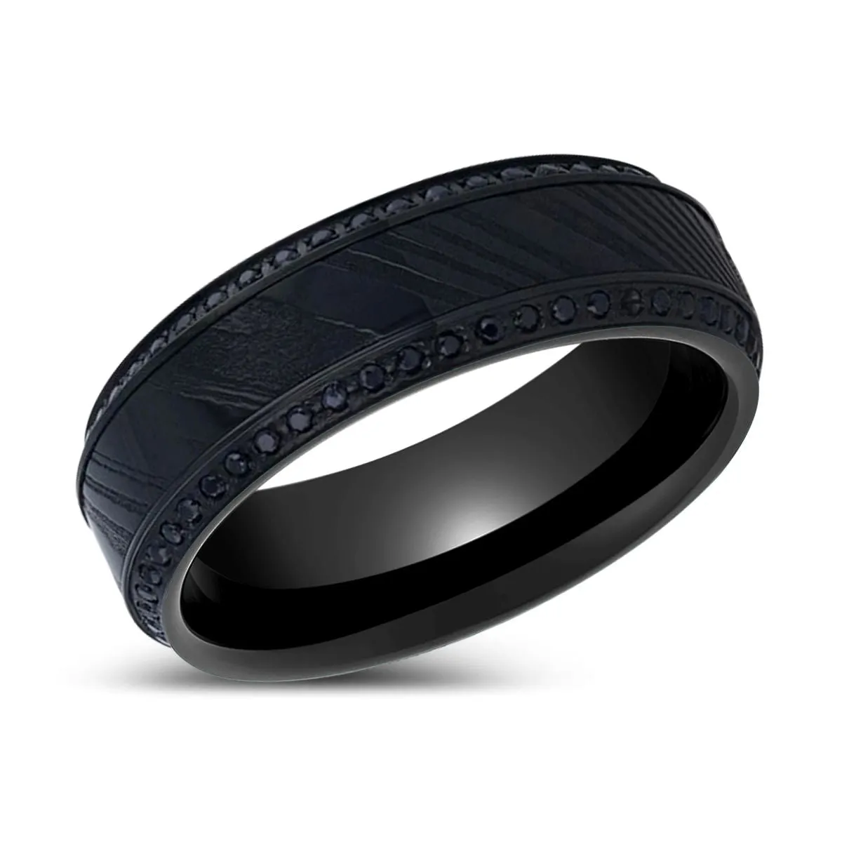 TROPHY | Black Damascus Steel, Titanium Ring, Beveled Edges