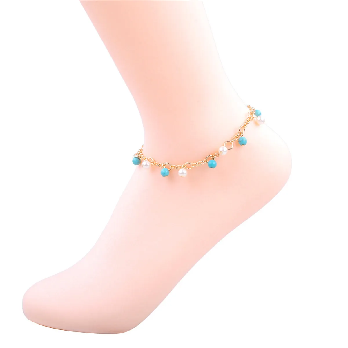 Turquoise & Pearl 18K Gold-Plated Bead Station Anklet