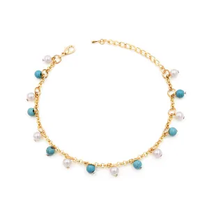 Turquoise & Pearl 18K Gold-Plated Bead Station Anklet