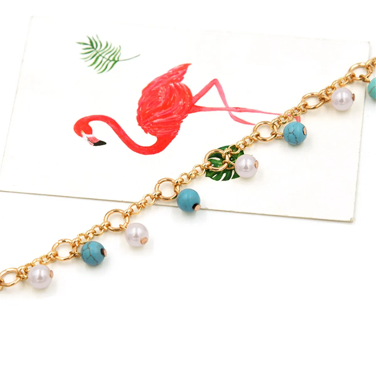 Turquoise & Pearl 18K Gold-Plated Bead Station Anklet