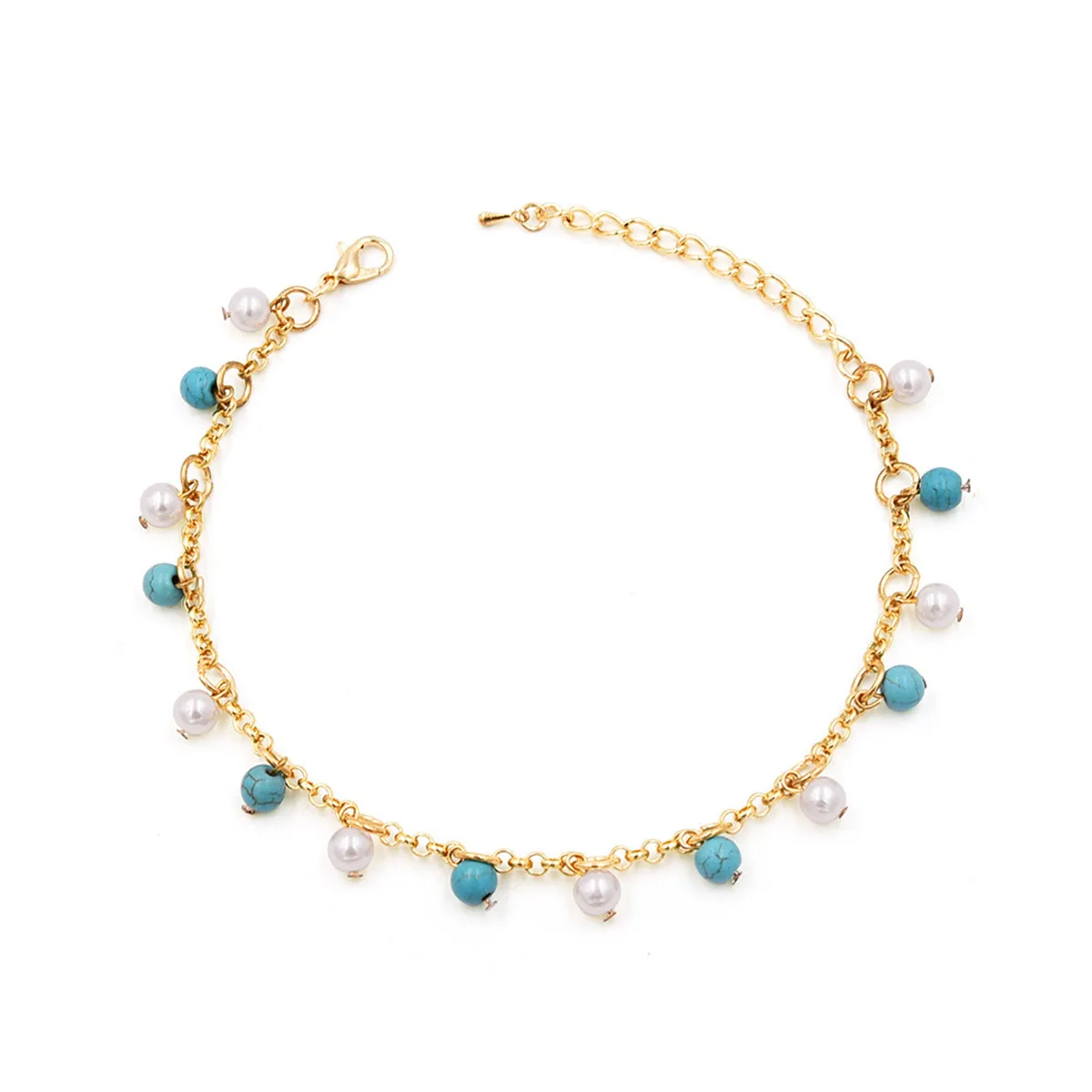 Turquoise & Pearl 18K Gold-Plated Bead Station Anklet