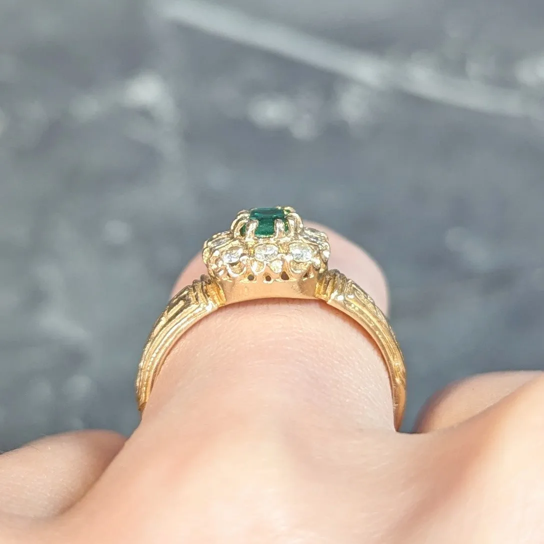Victorian 0.65 CTW Emerald Diamond 14 Karat Yellow Gold Antique Halo Ring