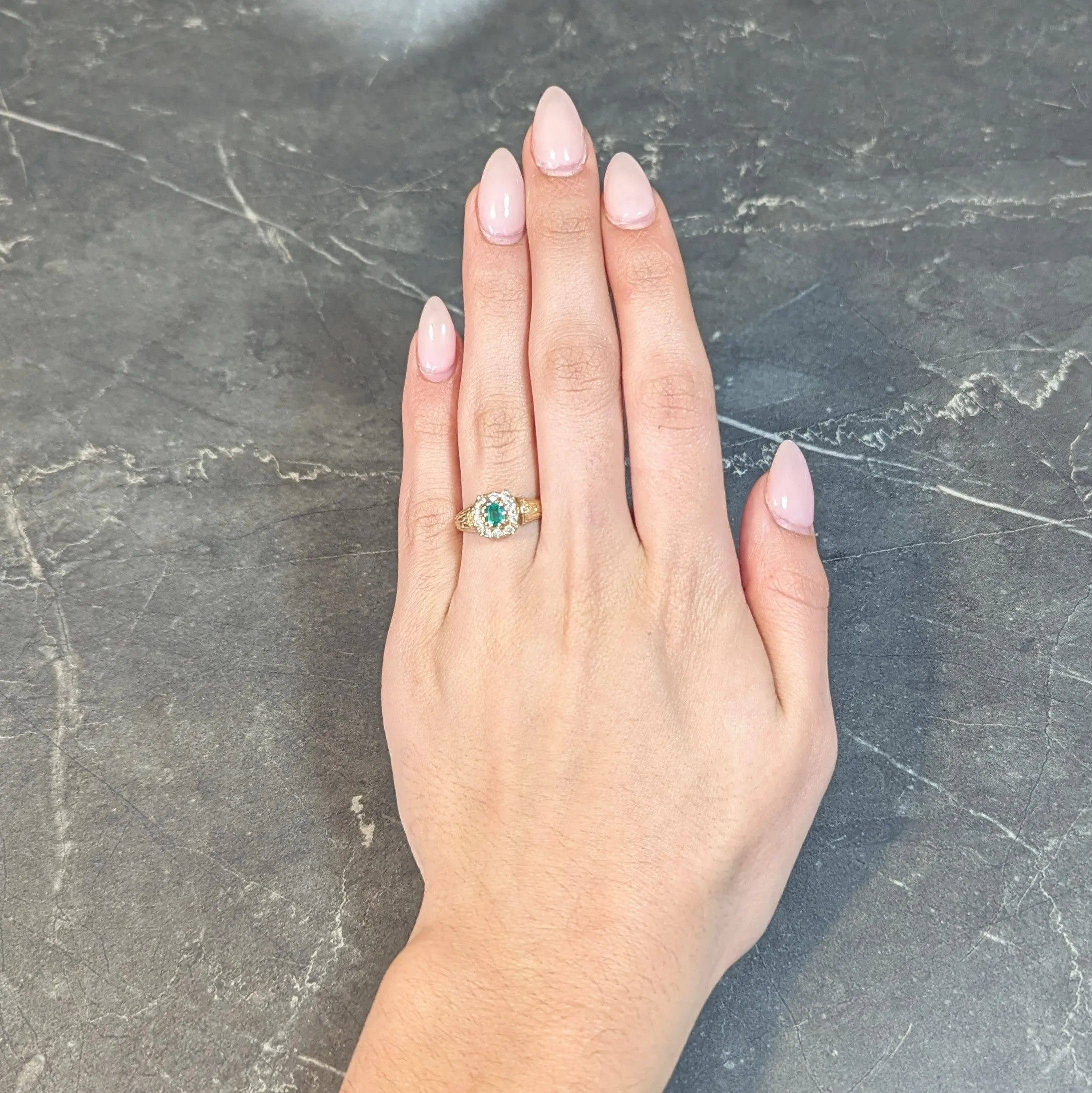 Victorian 0.65 CTW Emerald Diamond 14 Karat Yellow Gold Antique Halo Ring