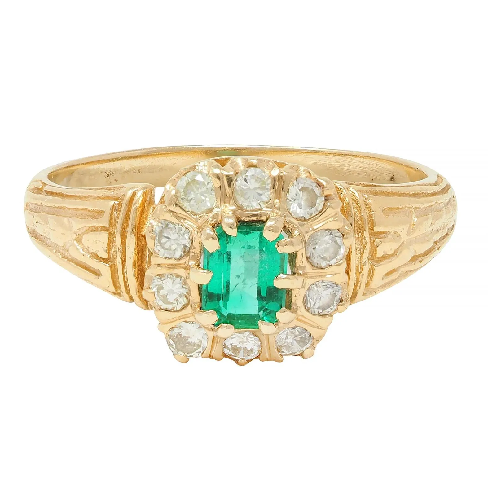 Victorian 0.65 CTW Emerald Diamond 14 Karat Yellow Gold Antique Halo Ring
