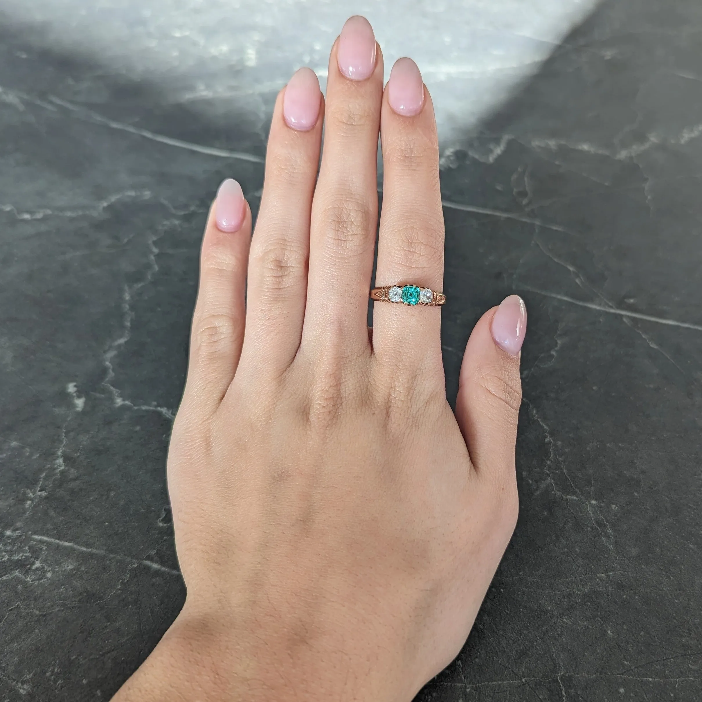 Victorian 1.00 CTW Emerald Old Mine Cut Diamond 14 Karat Yellow Gold Belcher Antique Three Stone Ring