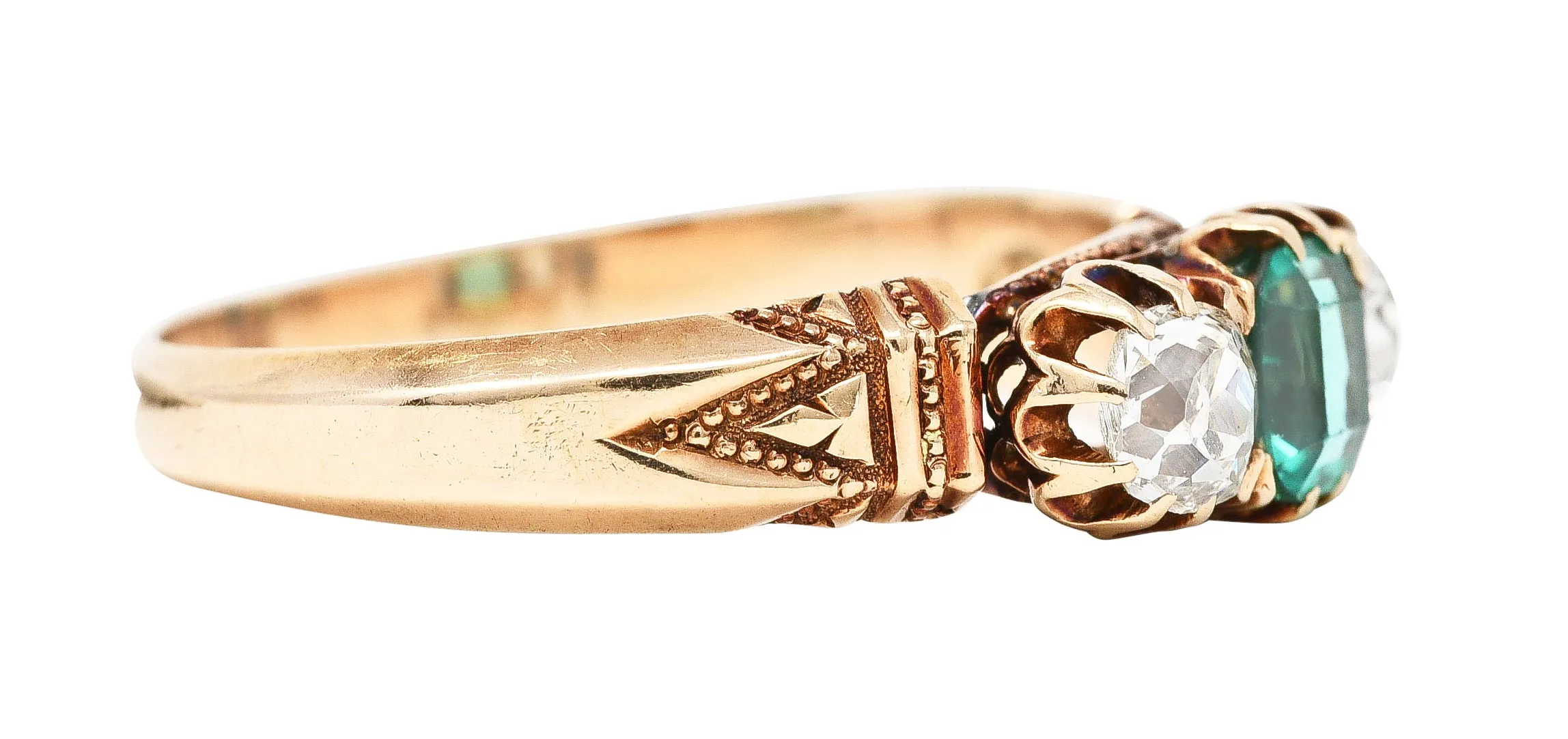 Victorian 1.00 CTW Emerald Old Mine Cut Diamond 14 Karat Yellow Gold Belcher Antique Three Stone Ring