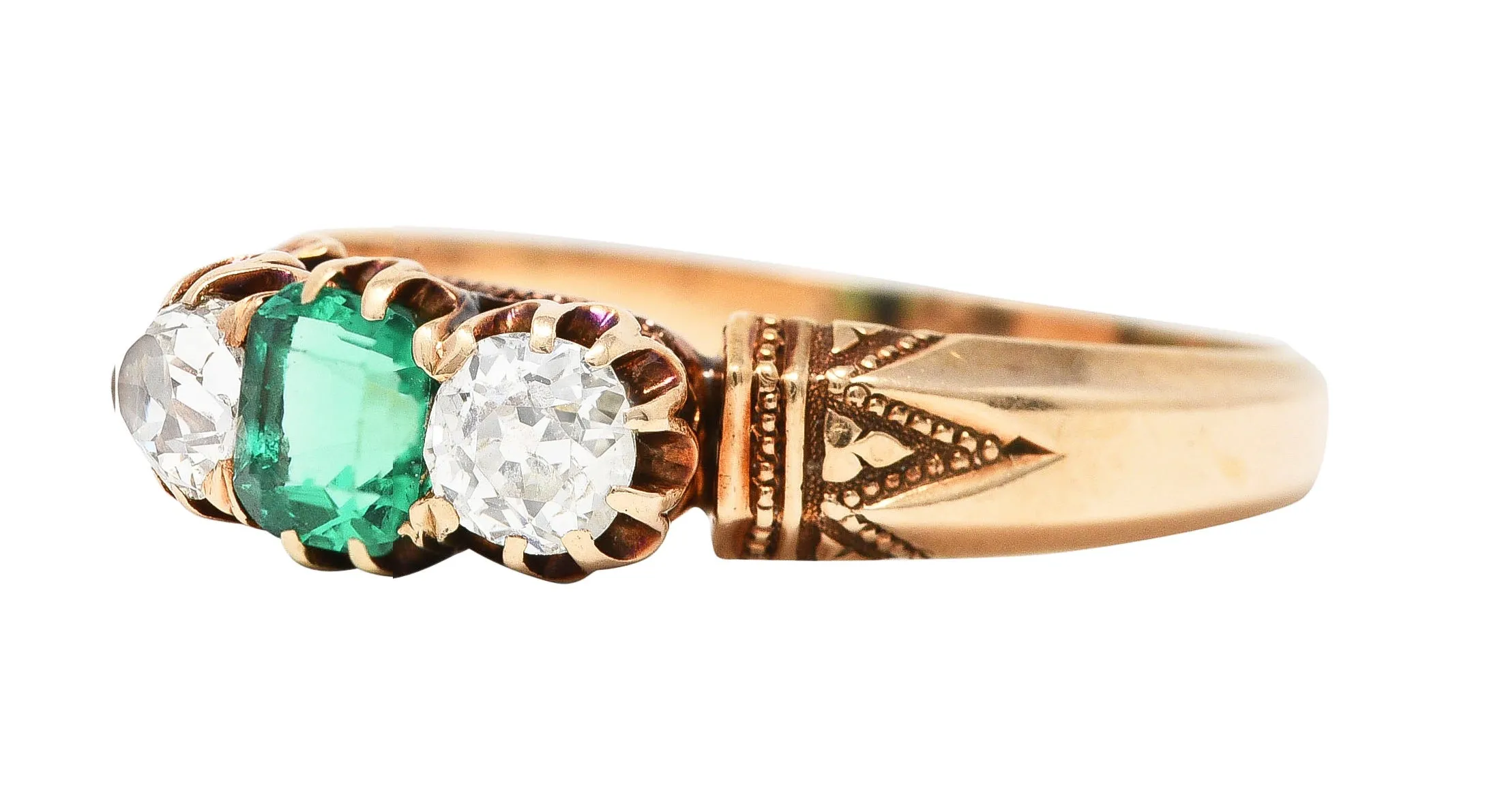 Victorian 1.00 CTW Emerald Old Mine Cut Diamond 14 Karat Yellow Gold Belcher Antique Three Stone Ring
