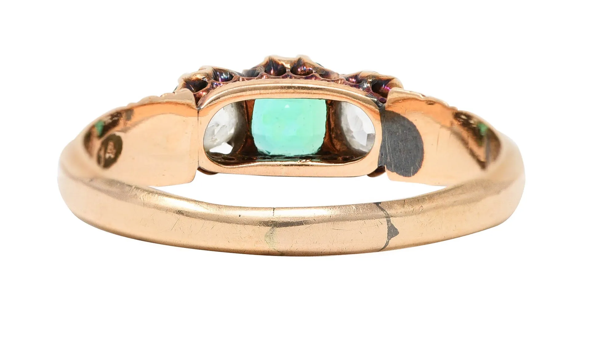 Victorian 1.00 CTW Emerald Old Mine Cut Diamond 14 Karat Yellow Gold Belcher Antique Three Stone Ring